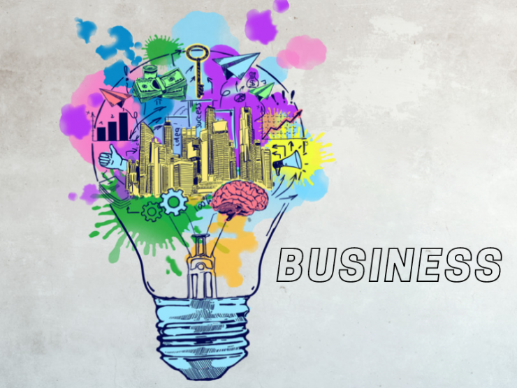 Colorful, stylized lightbulb with business related images inside and spilling out.